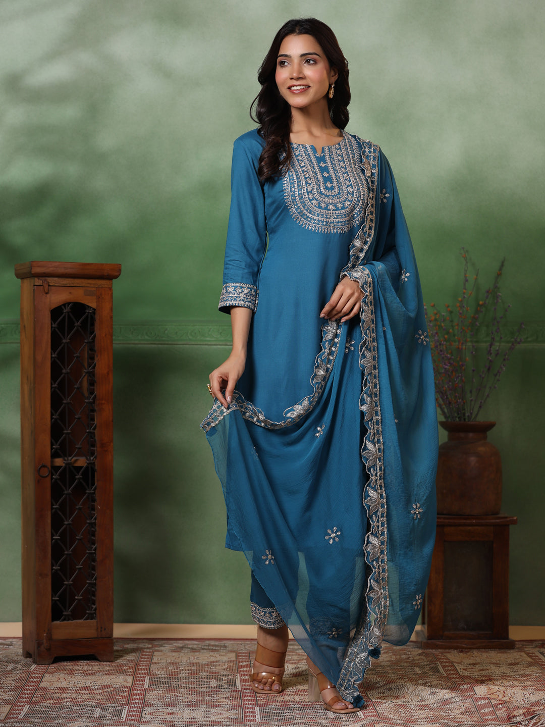 Solid Ethnic Embroidered Straight Kurta with Pant & Dupatta - Turquoise Blue