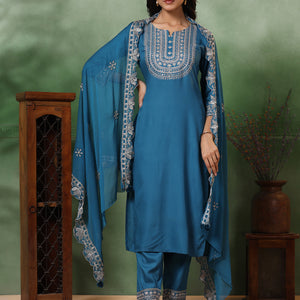 Solid Ethnic Embroidered Straight Kurta with Pant & Dupatta - Turquoise Blue