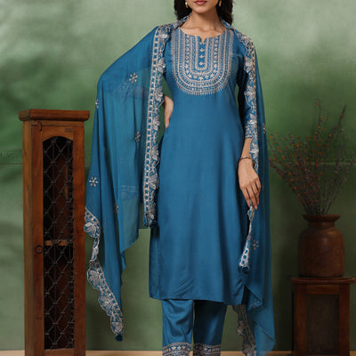 Solid Ethnic Embroidered Straight Kurta with Pant & Dupatta - Turquoise Blue