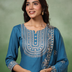 Solid Ethnic Embroidered Straight Kurta with Pant & Dupatta - Turquoise Blue