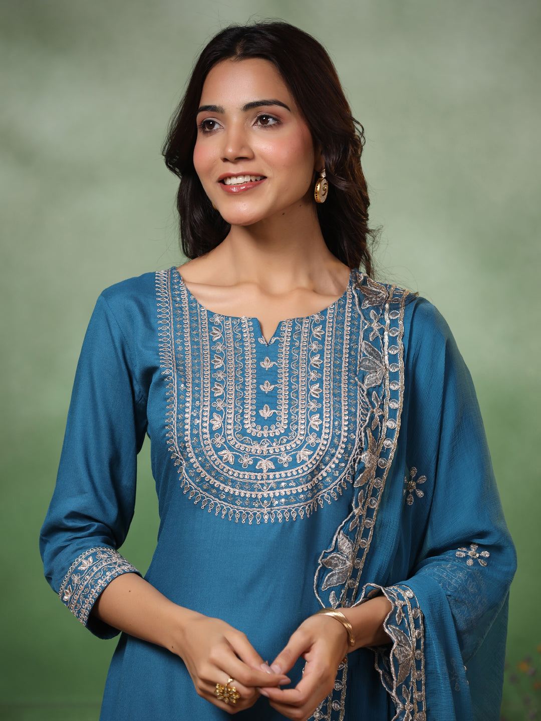 Solid Ethnic Embroidered Straight Kurta with Pant & Dupatta - Turquoise Blue