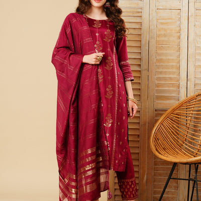 Floral Woven & Embroidered Straight Kurta with Pant & Dupatta - Deep Purple