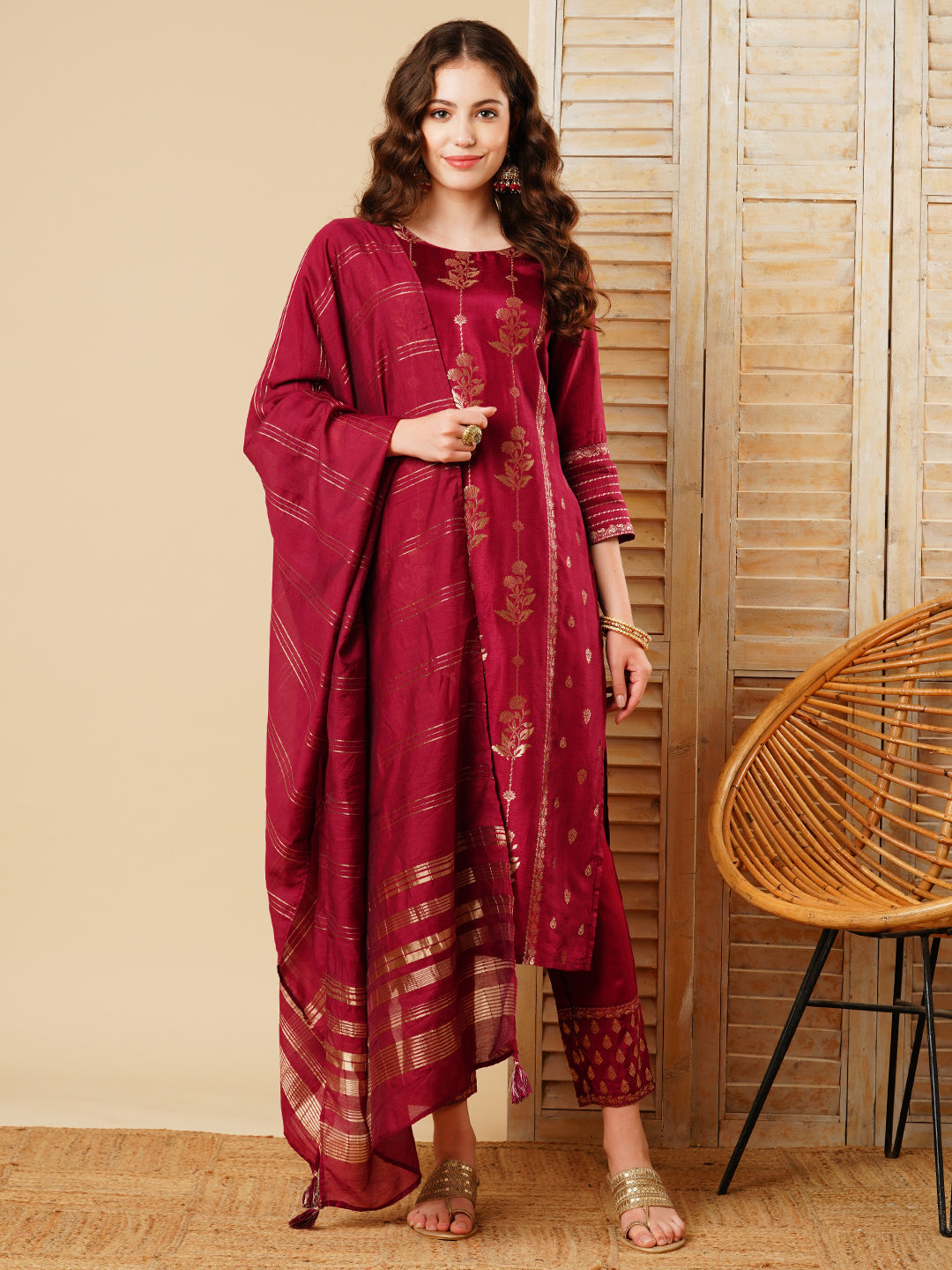 Floral Woven & Embroidered Straight Kurta with Pant & Dupatta - Deep Purple