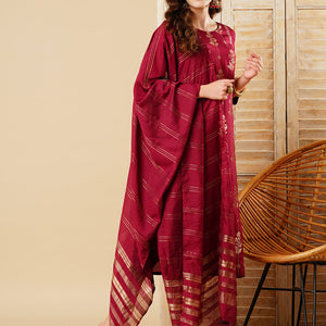 Floral Woven & Embroidered Straight Kurta with Pant & Dupatta - Deep Purple