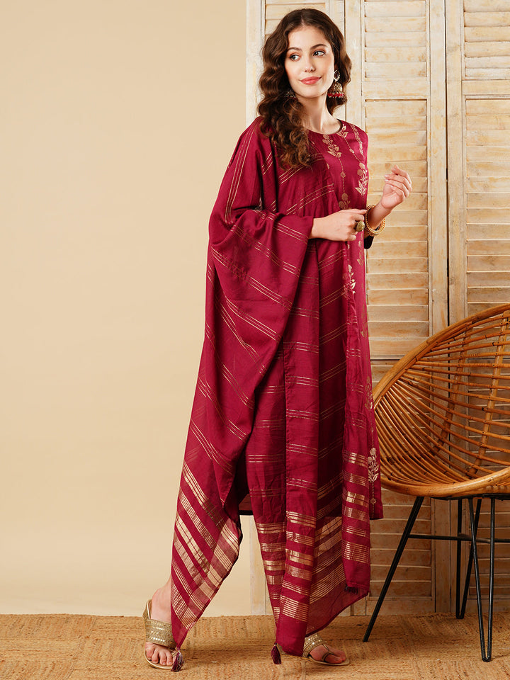 Floral Woven & Embroidered Straight Kurta with Pant & Dupatta - Deep Purple