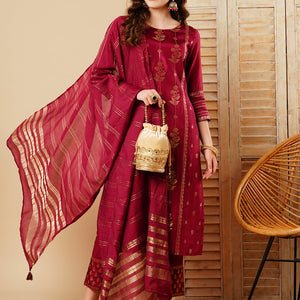Floral Woven & Embroidered Straight Kurta with Pant & Dupatta - Deep Purple