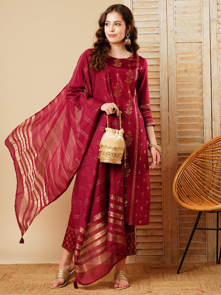 Floral Woven & Embroidered Straight Kurta with Pant & Dupatta - Deep Purple