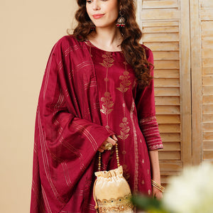 Floral Woven & Embroidered Straight Kurta with Pant & Dupatta - Deep Purple
