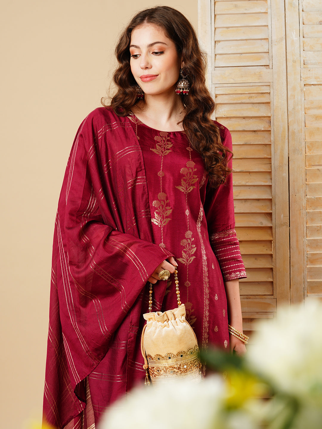 Floral Woven & Embroidered Straight Kurta with Pant & Dupatta - Deep Purple