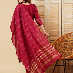 Floral Woven & Embroidered Straight Kurta with Pant & Dupatta - Deep Purple