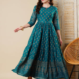 Ethnic Foil Printed & Embroidered A-Line Tiered Maxi Dress - Teal Blue