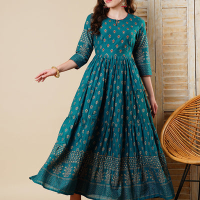 Ethnic Foil Printed & Embroidered A-Line Tiered Maxi Dress - Teal Blue