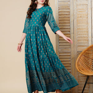 Ethnic Foil Printed & Embroidered A-Line Tiered Maxi Dress - Teal Blue