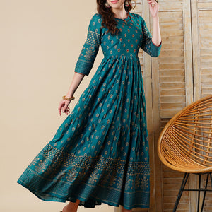 Ethnic Foil Printed & Embroidered A-Line Tiered Maxi Dress - Teal Blue