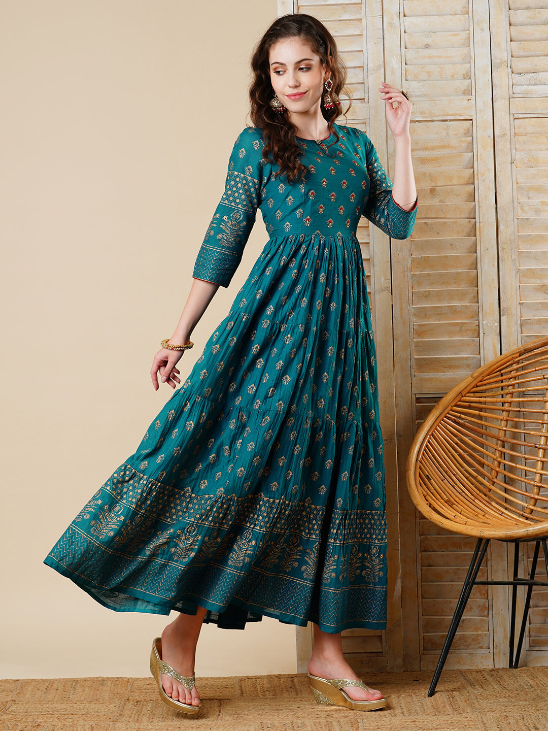 Ethnic Foil Printed & Embroidered A-Line Tiered Maxi Dress - Teal Blue