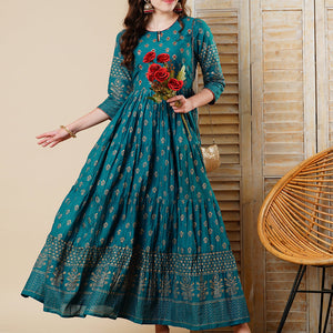 Ethnic Foil Printed & Embroidered A-Line Tiered Maxi Dress - Teal Blue