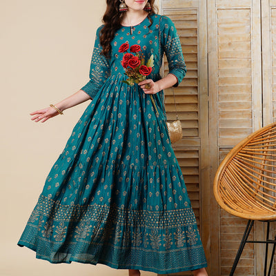 Ethnic Foil Printed & Embroidered A-Line Tiered Maxi Dress - Teal Blue
