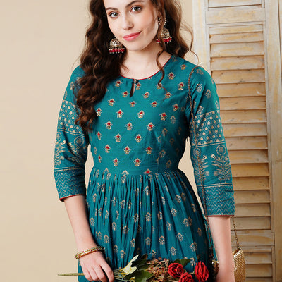 Ethnic Foil Printed & Embroidered A-Line Tiered Maxi Dress - Teal Blue