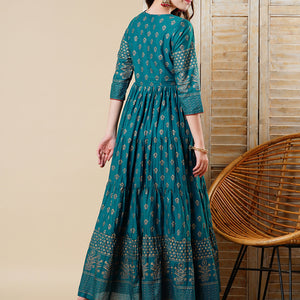 Ethnic Foil Printed & Embroidered A-Line Tiered Maxi Dress - Teal Blue