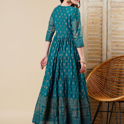 Ethnic Foil Printed & Embroidered A-Line Tiered Maxi Dress - Teal Blue