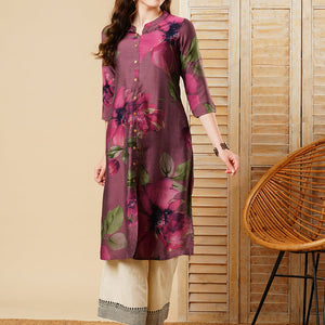 Floral Printed Wooden Buttoned A-line Kurta - Mauve
