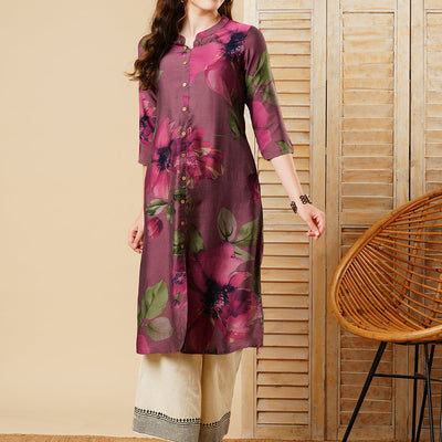 Floral Printed Wooden Buttoned A-line Kurta - Mauve