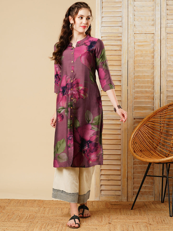 Floral Printed Wooden Buttoned A-line Kurta - Mauve