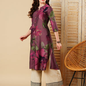 Floral Printed Wooden Buttoned A-line Kurta - Mauve