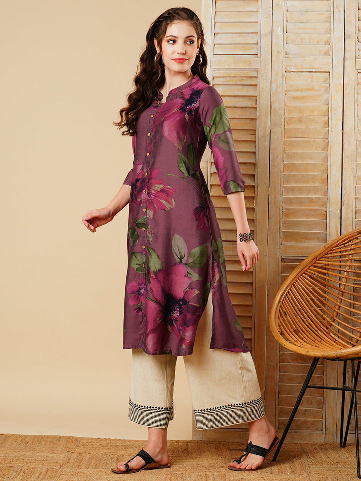 Floral Printed Wooden Buttoned A-line Kurta - Mauve