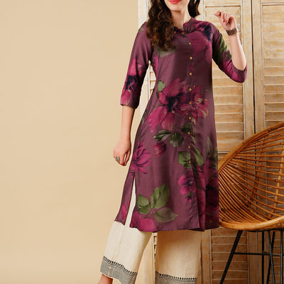 Floral Printed Wooden Buttoned A-line Kurta - Mauve