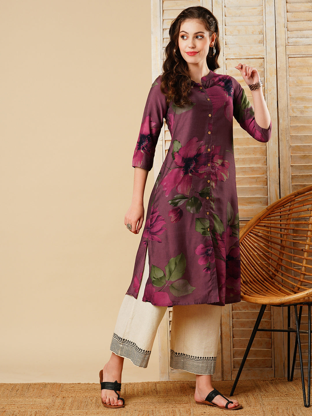 Floral Printed Wooden Buttoned A-line Kurta - Mauve