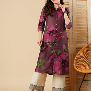 Floral Printed Wooden Buttoned A-line Kurta - Mauve