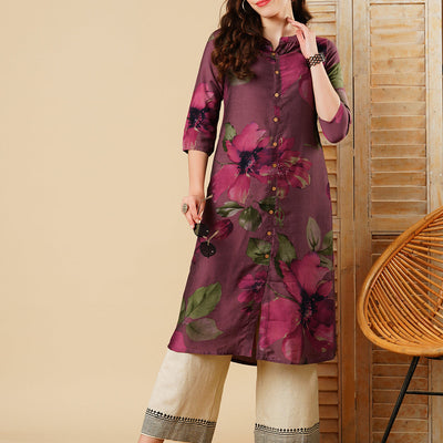 Floral Printed Wooden Buttoned A-line Kurta - Mauve