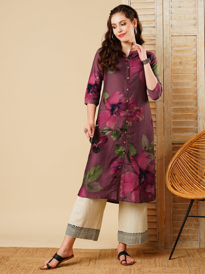 Floral Printed Wooden Buttoned A-line Kurta - Mauve