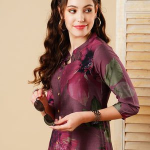 Floral Printed Wooden Buttoned A-line Kurta - Mauve