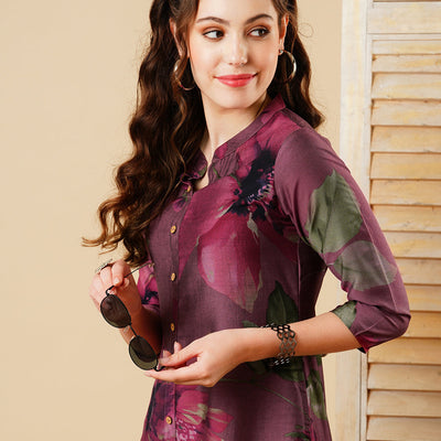 Floral Printed Wooden Buttoned A-line Kurta - Mauve