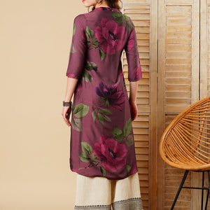 Floral Printed Wooden Buttoned A-line Kurta - Mauve