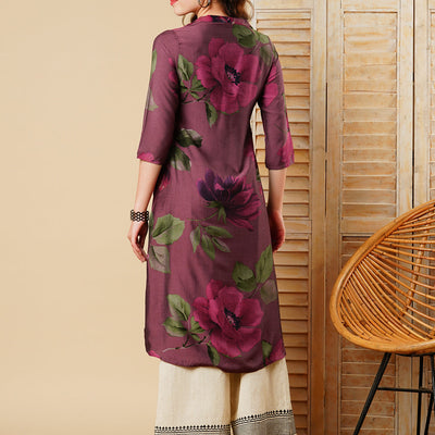 Floral Printed Wooden Buttoned A-line Kurta - Mauve