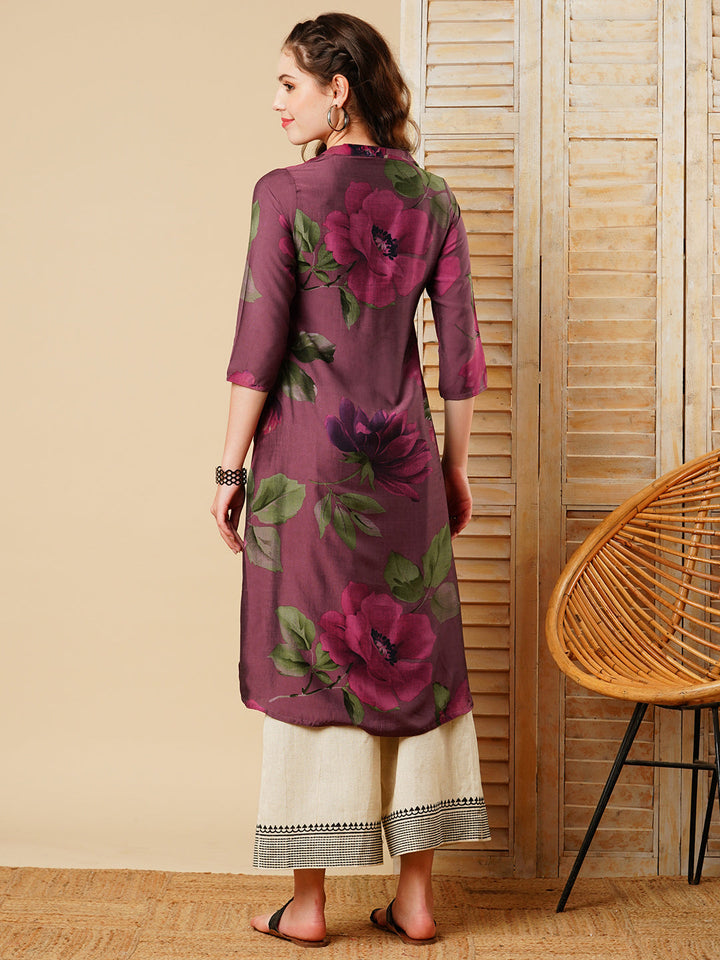 Floral Printed Wooden Buttoned A-line Kurta - Mauve