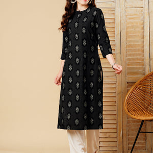 Floral Foil Printed Straight Fit Kurta - Black