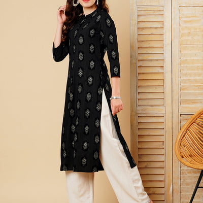 Floral Foil Printed Straight Fit Kurta - Black