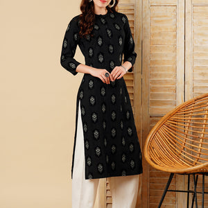 Floral Foil Printed Straight Fit Kurta - Black