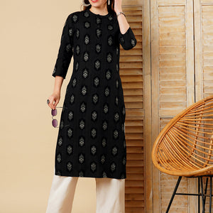 Floral Foil Printed Straight Fit Kurta - Black