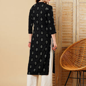 Floral Foil Printed Straight Fit Kurta - Black