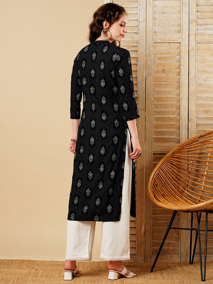 Floral Foil Printed Straight Fit Kurta - Black