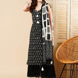 Ethnic Printed Straight Kurta with Palazzo & Pure Cotton Dupatta - Black