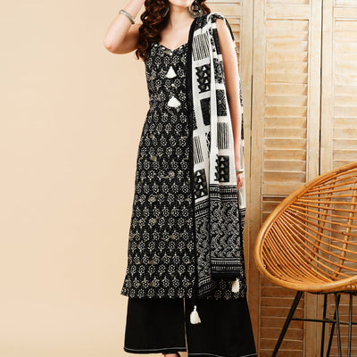 Ethnic Printed Straight Kurta with Palazzo & Pure Cotton Dupatta - Black