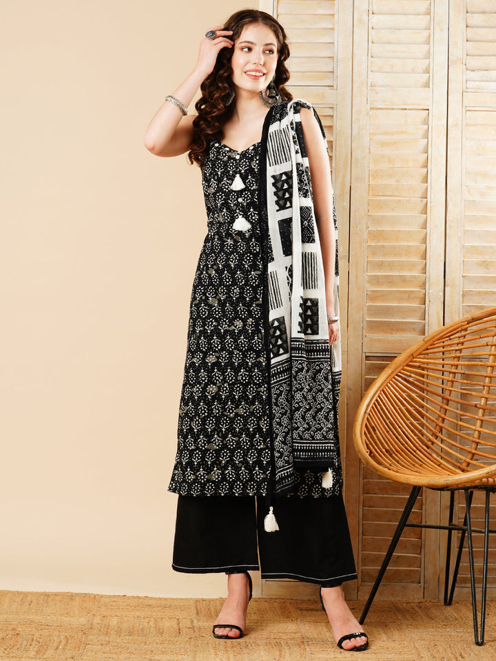 Ethnic Printed Straight Kurta with Palazzo & Pure Cotton Dupatta - Black