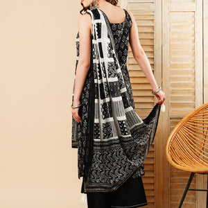 Ethnic Printed Straight Kurta with Palazzo & Pure Cotton Dupatta - Black