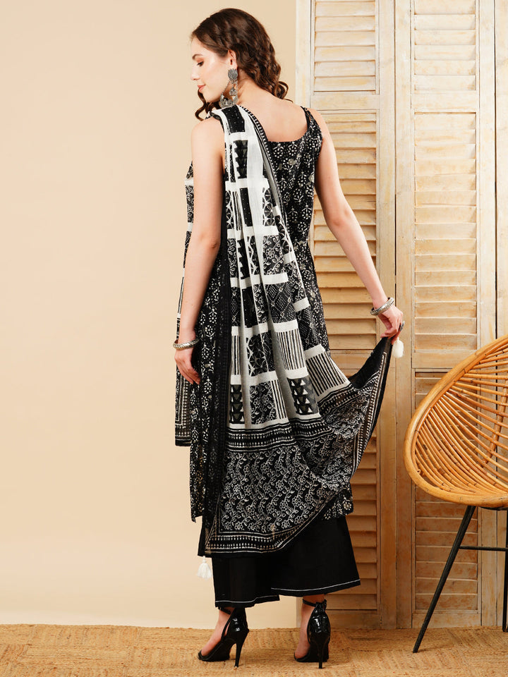 Ethnic Printed Straight Kurta with Palazzo & Pure Cotton Dupatta - Black